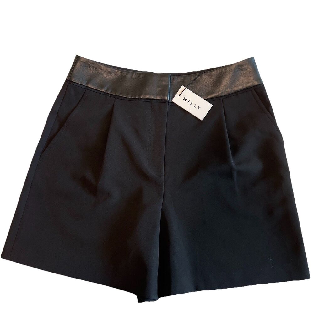 NWT MILLY Rebecca Cady & Leather High Waist Pleated Dress Shorts in Black size 2